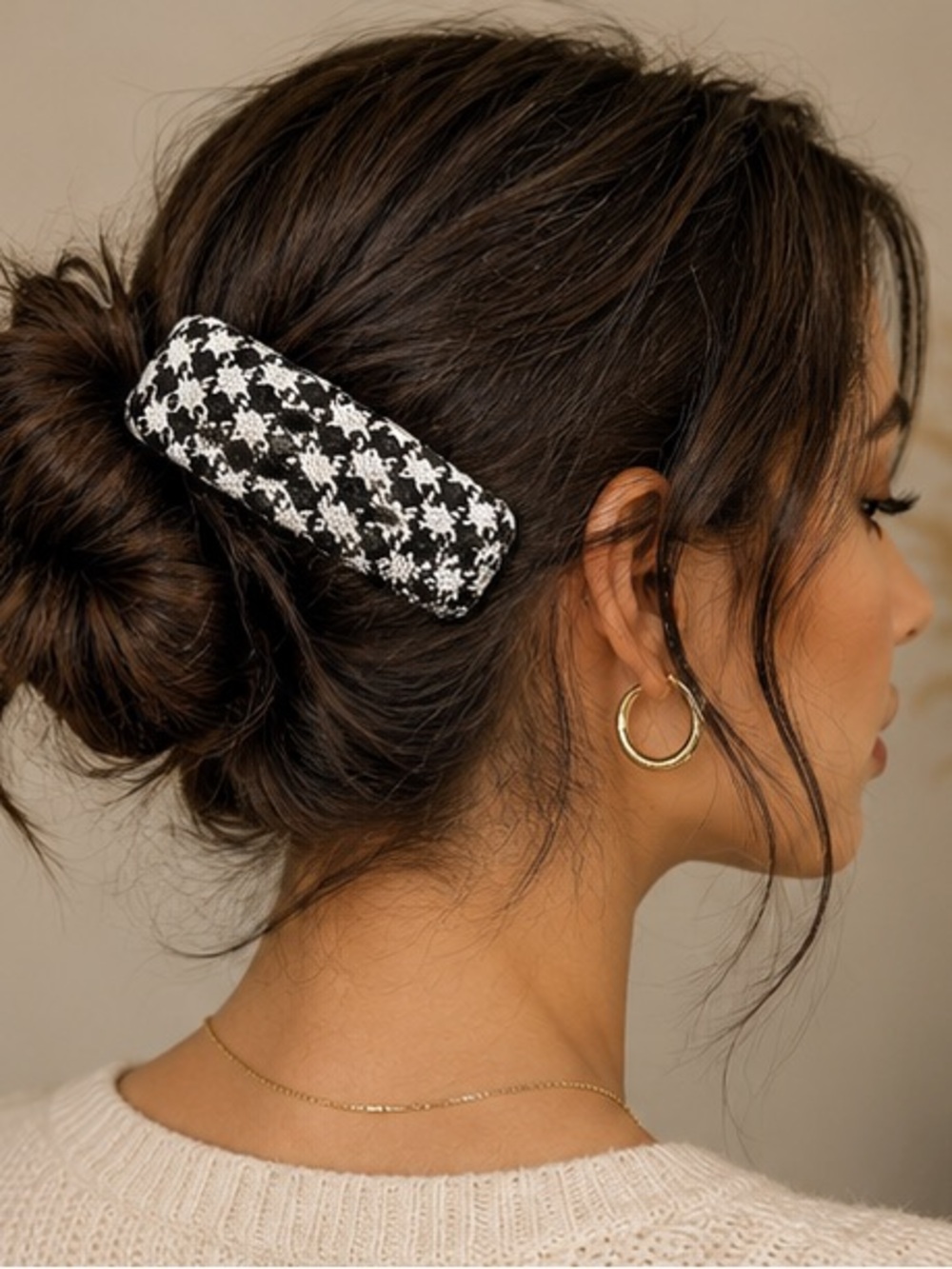 Black & White Houndstooth Fabric Hair Clip - Women Accessories